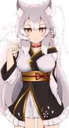 Rule 34 | 1girl, absurdres, animal ear fluff, animal ears, black skirt, breasts, brown eyes, choker, closed mouth, commentary request, frilled skirt, frills, grey hair, hair between eyes, hand up, highres, japanese clothes, kimono, long hair, long sleeves, looking at viewer, medium breasts, multicolored hair, nyaha, obi, original, red choker, sash, skirt, smile, solo, standing, tail, two-tone hair, very long hair, white background, white hair, white kimono, wide sleeves