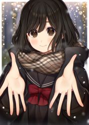 Rule 34 | 1girl, black jacket, black sailor collar, black shirt, blurry, blurry background, blush, bow, brown eyes, brown hair, brown scarf, closed mouth, commentary request, depth of field, hair between eyes, hands up, jacket, karokuchitose, long sleeves, looking at viewer, open clothes, open jacket, original, plaid, plaid scarf, red bow, sailor collar, scarf, shirt, smile, solo, upper body