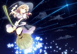 Rule 34 | 1girl, bad id, bad pixiv id, blonde hair, bow, braid, broom, cloud, curiosities of lotus asia, epic, female focus, flying, hair bow, hat, highres, holding, holding hat, kirisame marisa, night, night sky, puffy short sleeves, puffy sleeves, shooting star, short hair, short sleeves, side braid, single braid, sky, smile, solo, star (symbol), tomo1030, touhou, witch hat, wrist cuffs, yellow eyes