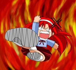Rule 34 | 00s, 1girl, angry, female focus, fire, full body, kicking, melty blood, panties, red hair, solo, tohno akiha, tsukihime, underwear