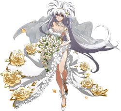 Rule 34 | 1girl, bare legs, bouquet, breasts, bridal veil, choker, cleavage, collarbone, detached sleeves, dress, floating hair, flower, full body, grin, hair between eyes, hair flower, hair ornament, hairband, high heels, highres, holding, holding bouquet, langrisser, langrisser iii, large breasts, long dress, long hair, long sleeves, looking at viewer, luna (langrisser), official art, pumps, red eyes, rose, shiny skin, side slit, sideboob, silver hair, sleeveless, sleeveless dress, smile, solo, strapless, strapless dress, transparent background, veil, very long hair, wedding dress, white choker, white dress, white flower, white footwear, white hairband, white sleeves, yellow flower, yellow rose