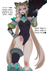 Rule 34 | 1girl, :d, absurdres, bare shoulders, battle cat jinx, black leotard, blonde hair, breasts, covered collarbone, covered navel, elbow gloves, facial mark, from below, gloves, green necktie, highres, holding, holding weapon, hudak, jinx (league of legends), league of legends, leotard, medium breasts, necktie, official alternate costume, open mouth, parted hair, rocket launcher, short necktie, smile, solo, teeth, twintails, upper teeth only, weapon