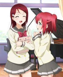 Rule 34 | 2girls, :d, ^ ^, bad id, bad pixiv id, book, clenched hands, closed eyes, commentary request, curtains, day, grand piano, green eyes, grey skirt, hair ornament, hairclip, hands up, highres, holding, holding book, indoors, instrument, kurosawa ruby, kuusuke (yo suke39), long hair, long sleeves, looking at another, love live!, love live! sunshine!!, miniskirt, multiple girls, open mouth, piano, piano bench, pleated skirt, red hair, sakurauchi riko, school uniform, serafuku, short hair, skirt, smile, translation request, two side up, uranohoshi school uniform, window