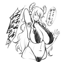 Rule 34 | 1girl, armpit hair, artist request, bare shoulders, bikini, breasts, closed eyes, curvy, dragon horns, female focus, happy, highres, horns, huge breasts, kobayashi-san chi no maidragon, long hair, lucoa (maidragon), monochrome, nipples, open mouth, simple background, smile, solo, swimsuit, thong, thong bikini, translation request, very long hair, wide hips