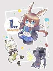 Rule 34 | 1other, 2girls, amiya (arknights), animal ear fluff, animal ears, anniversary, arknights, arms up, ascot, black footwear, black gloves, black jacket, black pantyhose, blue ascot, blue eyes, blue jacket, blue skirt, border, bottle, brown hair, cat ears, cat girl, chibi, closed mouth, commentary request, confetti, doctor (arknights), dress, english text, frown, full body, gloves, green dress, green eyes, grey background, grey hair, hood, hooded jacket, jacket, jumping, kal&#039;tsit (arknights), kicking, looking at viewer, mask, multiple girls, one eye closed, open mouth, outline, pantyhose, plaid, plaid skirt, rabbit ears, rabbit girl, see-through, see-through coat, shirt, simple background, skirt, smile, soppos, white shirt