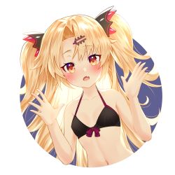 Rule 34 | 1girl, akatsuki uni, arms up, bettle (b s a n), bikini, black bikini, blonde hair, blush, collarbone, fang, flat chest, hair ornament, hairclip, highres, long hair, looking at viewer, open hands, open mouth, red eyes, skin fang, solo, sweatdrop, swept bangs, swimsuit, transparent background, two side up, uni create, virtual youtuber