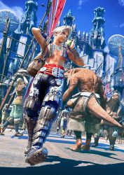 Rule 34 | 00s, 1boy, arm guards, armor, bag, balancing, bangaa, bare shoulders, belt, bikini, blonde hair, blue eyes, boots, braid, carrying over shoulder, church, city, cityscape, day, expressionless, fangs, final fantasy, final fantasy xii, fingerless gloves, flag, food, from below, fruit, gloves, highres, jewelry, knee boots, low angle, male focus, market, monster, muscular, necklace, official art, over shoulder, pants, sack, seeq, shade, shield, shoe soles, sleeveless, solo focus, starfruit, swimsuit, teeth, twin braids, vaan (ff12), vest, walking, wall