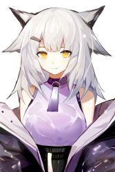 Rule 34 | 1girl, absurdres, ambience synesthesia, arknights, bare shoulders, black coat, closed mouth, coat, dumenggu, grey hair, highres, long hair, looking at viewer, off shoulder, official alternate costume, open clothes, open coat, owl ears, ptilopsis (arknights), purple shirt, shirt, simple background, solo, upper body, white background, yellow eyes