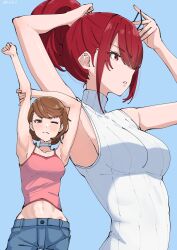 Rule 34 | 2girls, arm up, armpits, bare arms, bare shoulders, blue background, blue pants, blush, breasts, brown eyes, brown hair, camisole, choker, collarbone, cowboy shot, hair over one eye, heart, heart choker, highres, hizikit, holding hair tie, holding own hair, kirijou mitsuru, medium breasts, midriff, midriff peek, multiple girls, official alternate costume, one eye closed, outstretched arm, pants, parted lips, persona, persona 3, persona 3 reload, pink camisole, red eyes, red hair, ribbed sweater, short hair, sleeveless, sleeveless turtleneck, spaghetti strap, stretching, sweater, swept bangs, takeba yukari, turtleneck, turtleneck sweater, upper body, white choker, white sweater