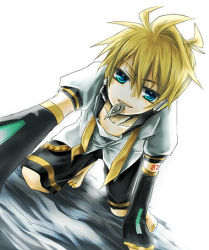 Rule 34 | 1boy, bed, blonde hair, blue eyes, condom, condom in mouth, detached sleeves, headset, kagamine len, lowres, male focus, mouth hold, naughty face, necktie, school uniform, solo, tattoo, vocaloid