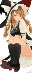 Rule 34 | 1girl, alternate eye color, alternate hair color, alternate hairstyle, apron, arm garter, arm ribbon, ass, black footwear, black hat, black nails, black ribbon, black socks, black vest, blonde hair, blush, bow, braid, breasts, buttons, closed mouth, commentary, crossed arms, facing to the side, fingernails, folded, frilled hat, frilled skirt, frills, green eyes, hair bow, half-closed eyes, hand on own elbow, hat, hat bow, high heels, highres, hugging own legs, invisible chair, kirisame marisa, kneehighs, leg hold, legs together, light brown hair, long fingernails, long hair, looking at viewer, nail polish, naughty face, necro (nekurodayo), parted bangs, puffy short sleeves, puffy sleeves, pumps, red hat, ribbon, seductive smile, shirt, shoe soles, short sleeves, side braid, sidelocks, sideways glance, sideways hat, simple background, single braid, sitting, skirt, skirt set, sleeve ribbon, slit pupils, small breasts, smile, smirk, socks, solo, thighs, touhou, turtleneck, upskirt, vest, waist apron, white background, white bow, white shirt, witch hat