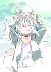 Rule 34 | 1girl, ^ ^, absurdres, animal ear fluff, animal ears, arms up, blush, closed eyes, collarbone, copyright request, drawstring, facing viewer, flower, grey hair, grey jacket, grin, hair between eyes, hair flower, hair ornament, hairclip, highres, hood, hood down, hooded jacket, jacket, long sleeves, mito (go!go!king!), open clothes, open jacket, pink flower, pink shirt, purple flower, shirt, smile, solo, upper body, virtual youtuber, x hair ornament
