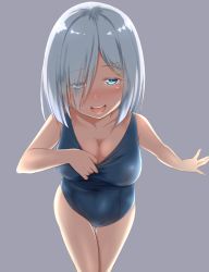 Rule 34 | 10s, 1girl, :d, backlighting, blue eyes, blue one-piece swimsuit, blush, breasts, cleavage, clothes pull, collarbone, colored eyelashes, covered navel, cowboy shot, eyes visible through hair, from above, gluteal fold, grey background, gurande (g-size), hair ornament, hair over one eye, hairclip, half-closed eyes, hamakaze (kancolle), highres, kantai collection, large breasts, leaning forward, legs together, looking at viewer, naughty face, nose blush, one-piece swimsuit, one-piece swimsuit pull, one eye closed, open mouth, outstretched arm, parted bangs, pulling own clothes, school swimsuit, short hair, silver hair, simple background, smile, solo, standing, swimsuit, taut clothes, taut swimsuit, thigh gap