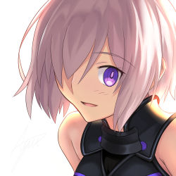 Rule 34 | 1girl, armored leotard, ashiwara yuu, backlighting, bare shoulders, black leotard, blush, fate/grand order, fate (series), hair over one eye, leotard, looking at viewer, mash kyrielight, parted lips, pink hair, purple eyes, short hair, signature, simple background, smile, solo, upper body, white background
