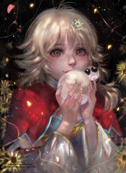 Rule 34 | 1girl, blonde hair, blush, bun (food), capelet, commentary, commission, covering own mouth, daisy, dark background, detached sleeves, dress, english commentary, flower, food, gold trim, hands up, holding, holding food, light smile, long hair, long sleeves, looking at viewer, maerel hibadita, nail polish, nose, purple eyes, red capelet, rune factory, rune factory 4, simple background, solo, upper body, xiao pai, yellow flower, yellow nails