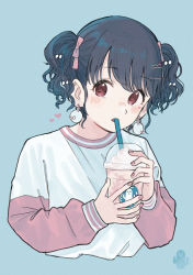 Rule 34 | 1girl, artist logo, blouse, blue background, blue hair, blush, dark blue hair, drinking, drinking straw, earrings, film grain, fukumaru koito, hair ornament, heart, heart (symbol), highres, jewelry, long sleeves, looking at viewer, nail polish, open mouth, paayan (hagakinorock54), pink eyes, pink sleeves, shirt, simple background, solo, straw, upper body, white shirt