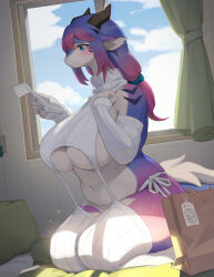 Rule 34 | 1girl, animal ears, blue eyes, blue hair, blue sky, breasts, closed mouth, cloud, commentary, curtains, day, detached sleeves, english commentary, furry, furry female, highres, indoors, lanya (lcshian), large breasts, lcshian, long hair, meme attire, multicolored hair, navel, original, red hair, ribbed sleeves, ribbed sweater, ribbed thighhighs, sitting, sky, solo, sweater, thighhighs, thighs, turtleneck, turtleneck sweater, two-tone hair, underboob, virgin destroyer sweater, wariza, white sleeves, white sweater, white thighhighs, window