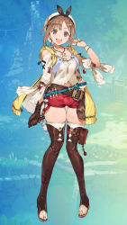 Rule 34 | 1girl, :d, absurdres, atelier (series), atelier ryza, atelier ryza 1, belt, boots, breasts, bridal legwear, bright pupils, brown eyes, brown gloves, brown hair, brown thighhighs, cleavage, clothing cutout, flask, full body, gloves, hand up, hat, highres, holster, hood, hooded vest, hoodie, jewelry, leather, leather belt, looking at viewer, medium breasts, necklace, official art, open mouth, pigeon-toed, pouch, red shorts, reisalin stout, round-bottom flask, short hair, short shorts, shorts, shoulder cutout, single glove, skindentation, smile, solo, staff, standing, star (symbol), star necklace, thigh gap, thigh holster, thigh pouch, thighhighs, thighs, toe ring, toeless footwear, toeless legwear, toes, toridamono, vest