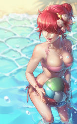 Rule 34 | 1girl, beach volleyball, bikini, breasts, cleavage, earrings, flower, hair flower, hair ornament, hair over eyes, hibiscus, jewelry, large breasts, necklace, open mouth, pink bikini, red hair, shell, shermie (kof), side-tie bikini bottom, solo, spade-m, swimsuit, the king of fighters, wading, water