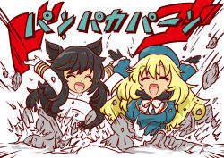 Rule 34 | 2girls, :d, ^ ^, absurdres, animal ears, arms up, atago (azur lane), atago (kancolle), azur lane, beret, black gloves, black hair, blonde hair, blue headwear, blue jacket, breaking, breasts, closed eyes, commentary request, crossover, daigorou (42036928), dog ears, emphasis lines, gloves, hair between eyes, hat, highres, historical name connection, jacket, kantai collection, large breasts, long hair, long sleeves, military, military uniform, multiple girls, name connection, open mouth, pan-pa-ka-paaan!, redrawn, rubble, shouting, sidelocks, simple background, smile, standing, swept bangs, translation request, uniform, upper body, white background, white jacket