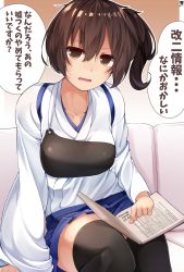 Rule 34 | 1girl, absurdres, black thighhighs, blue hakama, book, brown eyes, brown hair, collarbone, hair between eyes, hakama, hakama short skirt, hakama skirt, hibiki (zerocodo), highres, japanese clothes, kaga (kancolle), kantai collection, long hair, muneate, open mouth, side ponytail, signature, skirt, solo, speech bubble, tasuki, thighhighs, translation request