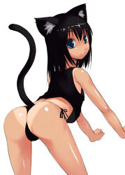 Rule 34 | 1girl, :3, all fours, animal ears, areola slip, ass, back, bent over, black hair, black panties, blue eyes, bosshi, cat ears, cat tail, flat chest, from behind, looking back, one-piece tan, panties, shiny skin, short hair, side-tie panties, simple background, smile, solo, tail, tan, tank top, tanline, thong, underwear