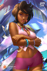 Rule 34 | 1girl, breasts, cleavage, creatures (company), dark skin, day, game freak, gold trim, highres, jewelry, logan cure, neck ring, necklace, nintendo, olivia (pokemon), outdoors, palm tree, pokemon, pokemon sm, short hair, shorts, tagme, tree