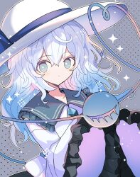 Rule 34 | 1girl, black ribbon, black skirt, blue collar, blue eyes, buttons, closed mouth, collar, collarbone, collared shirt, commentary request, diamond button, frilled shirt collar, frilled sleeves, frills, grey background, hat, hat ribbon, heart, heart of string, highres, komeiji koishi, light blush, light frown, long hair, long sleeves, looking at viewer, messy hair, outline, outstretched arms, polka dot, polka dot background, ribbon, shirocha tei, shirt, simple background, skirt, sleeves past fingers, sleeves past wrists, solo, sparkle, third eye, touhou, twitter username, upper body, white hat, white outline, white shirt, white sleeves, wide brim, wide sleeves
