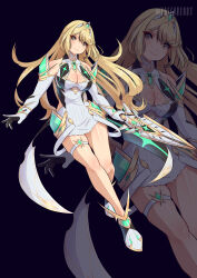 Rule 34 | 1girl, aegis sword (xenoblade), bare shoulders, blonde hair, blue background, blush, breasts, cleavage, coattails, dress, earrings, full body, gloves, hair flip, highres, holding, holding sword, holding weapon, jewelry, large breasts, long hair, looking at viewer, mythra (xenoblade), shiny skin, smile, solo, sword, thigh strap, tiara, twitter username, weapon, white dress, white footwear, xenoblade chronicles (series), xenoblade chronicles 2, yaizaberry, yellow eyes