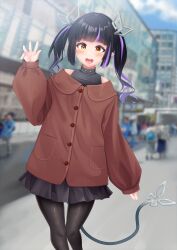 Rule 34 | 1girl, absurdres, alternate costume, black dress, black hair, black pantyhose, blunt bangs, blurry, blurry background, blush, brown coat, buttons, coat, commentary request, demon girl, demon horns, demon tail, dress, feet out of frame, highres, horns, jewelry, kojo anna, long hair, looking at viewer, medium bangs, multicolored hair, nanashi inc., necklace, open mouth, pantyhose, people, photo background, pocket, pointy ears, purple hair, robou no stone, simple background, sleeveless, sleeveless dress, sleeves past wrists, smile, solo focus, tail, twintails, two-tone hair, virtual youtuber, waving, yellow eyes