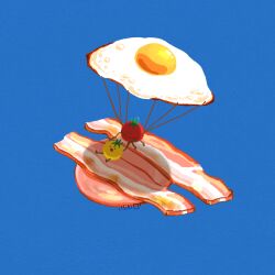 Rule 34 | bacon, blue background, egg (food), food, food focus, fried egg, ham, issiki toaki, meat, no humans, original, parachute, simple background, tomato, vegetable