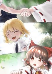 Rule 34 | :d, ^ ^, adapted costume, ascot, black skirt, blonde hair, bow, braid, brown hair, closed eyes, collared vest, commentary request, closed eyes, fingernails, frilled bow, frills, hair bow, hakurei reimu, happy, highres, holding hands, kirisame marisa, long sleeves, no headwear, nontraditional miko, open mouth, puffy short sleeves, puffy sleeves, red bow, red vest, reimu tyuki, ribbon-trimmed sleeves, ribbon trim, shirt, short hair, short sleeves, side braid, skirt, smile, suspender skirt, suspenders, touhou, vest, white shirt, white sleeves, yellow ascot
