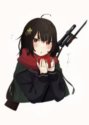 Rule 34 | 1girl, :o, absurdres, ahoge, bayonet, black hair, black shirt, blunt bangs, cape, flower, gift, girls&#039; frontline, green cape, green flower, gun, gun on back, hair flower, hair ornament, highres, holding, holding gift, kilabo, light blush, long hair, long sleeves, looking to the side, muzzle device, parted lips, red eyes, red scarf, rifle, scarf, shirt, simple background, solo, submachine gun, type 100 (girls&#039; frontline), type 100 smg, upper body, weapon, weapon on back