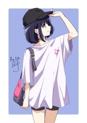 Rule 34 | 1girl, adjusting clothes, adjusting headwear, artist name, backpack, bag, baseball cap, bike shorts, black eyes, black hair, black hat, black shorts, blue background, bob cut, border, carrying, closed mouth, commentary, cowboy shot, dated, hat, highres, looking to the side, nii manabu, original, outside border, oversized clothes, shirt, short hair, shorts, signature, smile, solo, standing, t-shirt, white border, white shirt