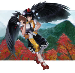 Rule 34 | 1girl, absurdres, armband, autumn leaves, black hair, black necktie, black skirt, black wings, bobby socks, book, buttons, calligraphy brush, collared shirt, commentary request, day, feathered wings, flying, frilled skirt, frills, full body, geta, hand on own hip, hat, hauchiwa, highres, holding, holding book, holding brush, leaf print, looking at viewer, mountain, nail polish, necktie, paintbrush, pom pom (clothes), puffy short sleeves, puffy sleeves, red eyes, red footwear, red hat, red nails, reikyakuzai, shameimaru aya, shirt, shoes, short hair, short sleeves, skirt, socks, solo, tengu-geta, tokin hat, touhou, tree, white shirt, white socks, wings