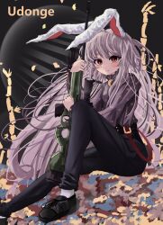 Rule 34 | 1girl, absurdres, alternate costume, animal ears, black footwear, black pants, character name, closed mouth, commentary, crescent, crescent pin, english commentary, full body, gun, highres, holding, holding gun, holding weapon, knee up, long hair, long sleeves, looking at viewer, ougiikun, pants, purple hair, rabbit ears, rabbit girl, red eyes, reisen udongein inaba, sitting, socks, solo, touhou, weapon, white socks