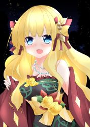 Rule 34 | 1girl, absurdres, blonde hair, blue eyes, blush, bow, breasts, dendoubatta, elf, hair bow, hair ornament, highres, large breasts, long hair, looking at viewer, pointy ears, princess connect!, saren (christmas) (princess connect!), saren (princess connect!), smile, solo