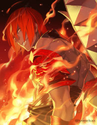 Rule 34 | 1boy, arm armor, armor, ashwatthama (fate), dark-skinned male, dark skin, fate/grand order, fate (series), fire, highres, holding, holding weapon, kazuki yone, light particles, looking at viewer, looking back, male focus, muscular, muscular male, red hair, short hair, smile, solo, teeth, topless male, twitter username, upper body, weapon, yellow eyes