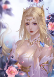 Rule 34 | 1girl, artist request, barefoot, blonde hair, blue eyes, branch, bug, butterfly, closed mouth, detached collar, detached sleeves, douluo dalu, dress, flower, hair ornament, highres, insect, long hair, looking at viewer, qian renxue (douluo dalu), second-party source, smile, solo, upper body, white dress