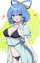 Rule 34 | 1girl, adapted costume, aqua dress, black bra, black panties, blue eyes, blue hair, blush, bra, breasts, cleavage, cowboy shot, dress, drill hair, frilled sleeves, frills, hair rings, heart, highres, kaku seiga, large breasts, looking at viewer, open mouth, panties, revealing clothes, rizento, short hair, short sleeves, smile, solo, tagme, touhou, underwear