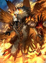 Rule 34 | absurdres, beak, bird, bird wings, brown wings, claws, cloud, feathered wings, feathers, fire, foot out of frame, glowing horns, highres, horns, monster, monster focus, multiple horns, multiple wings, no humans, open mouth, original, outdoors, solo, wings, yumo80295386