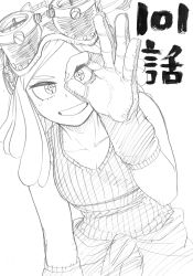 Rule 34 | 10s, 1girl, absurdres, boku no hero academia, breasts, cleavage, collarbone, commentary request, gloves, goggles, goggles on head, graphite (medium), greyscale, grin, hatsume mei, highres, horikoshi kouhei, looking at viewer, medium hair, monochrome, ok sign, ribbed shirt, shirt, smile, solo, symbol-shaped pupils, tank top, traditional media, upper body