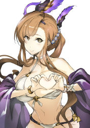 Rule 34 | 1girl, bare shoulders, bikini, bikini pull, blush, braid, breasts, brown eyes, brown hair, choker, cleavage, clothes pull, collarbone, flower, french braid, granblue fantasy, hair flower, hair ornament, hairband, head wings, heart, heart-shaped boob challenge, heart-shaped pupils, heart hands, hip focus, large breasts, long hair, looking at viewer, navel, one breast out, sash, sidelocks, simple background, smile, solo, swimsuit, symbol-shaped pupils, tooya daisuke, tweyen (eternal&#039;s summer vacation) (granblue fantasy), tweyen (granblue fantasy), white background, white bikini, wings, wrist straps
