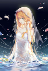 Rule 34 | 1girl, alternate costume, artoria pendragon (all), artoria pendragon (fate), blonde hair, bridal veil, collarbone, dress, fate/stay night, fate (series), gradient background, green eyes, hand in own hair, kinokohime, kinokohime (mican02rl), long hair, looking away, partially submerged, petals, saber (fate), solo, veil, very long hair, wading, water, white dress