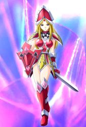 Rule 34 | 1girl, armor, artist request, blonde hair, blue eyes, breasts, cleavage, duel monster, female knight, helmet, knight, long hair, queen&#039;s knight, shield, smile, sword, weapon, yu-gi-oh!