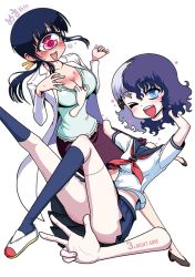 Rule 34 | 2girls, blue eyes, blue hair, blush, breasts, cleavage, cleavage reach, cyclops, disembodied head, disembodied limb, embarrassed, fujimi yomi, full body, hitomi (hitomi sensei no hokenshitsu), hitomi sensei no hokenshitsu, lab coat, light purple hair, long hair, manaka hitomi, multicolored hair, multiple girls, one-eyed, pink eyes, ponytail, purple hair, sailor collar, school uniform, shake-o, simple background, stitches, surprised, tears, translation request, white background, zombie