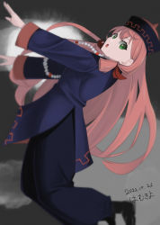 Rule 34 | 1girl, :o, absurdres, akashi (kancolle), alternate costume, artist name, blunt tresses, china dress, chinese clothes, commentary, dated, dress, from side, green eyes, hair ribbon, hamukiyo, hat, highres, jiangshi, jiangshi costume, kantai collection, long hair, looking at viewer, looking to the side, outstretched arms, pink hair, qingdai guanmao, ribbon, solo, tress ribbon