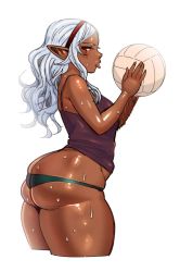 Rule 34 | 1girl, :p, ass, ball, bare shoulders, butt crack, colorized, cowboy shot, dark-skinned female, dark skin, elf-san wa yaserarenai., hairband, half-closed eyes, holding, holding ball, huge ass, kuroeda (elf-san wa yaserarenai.), long hair, looking at viewer, mole, mole under eye, pointy ears, shiny skin, simple background, sketch, skindentation, solo, sweat, synecdoche, thick thighs, thighs, tongue, tongue out, volleyball (object), white background, wide hips