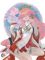 Rule 34 | 1girl, animal ears, breasts, cherry blossoms, commentary request, cup, detached sleeves, earrings, flower, fox ears, genshin impact, highres, holding, holding cup, japanese clothes, jewelry, long hair, looking at viewer, medium breasts, miko, mumu vosp, parted lips, petals, pink flower, pink hair, purple eyes, ribbon-trimmed sleeves, ribbon trim, simple background, solo, tassel, very long hair, yae miko