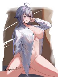 1girl ananda_hikari animal_ears azur_lane blue_hair blush bottomless breasts collared_shirt covered_erect_nipples embarrassed fox_ears fox_girl gradient_hair groin hair_between_eyes hand_on_own_cheek hand_on_own_face highres kneeling large_breasts long_hair looking_at_viewer multicolored_hair naked_shirt no_bra no_panties open_clothes open_mouth open_shirt pubic_hair pubic_hair_peek purple_eyes shirt solo spread_legs surprised thighs tosa_(a_glimpse_of_greatness)_(azur_lane) tosa_(azur_lane) unbuttoned underboob very_long_hair white_shirt